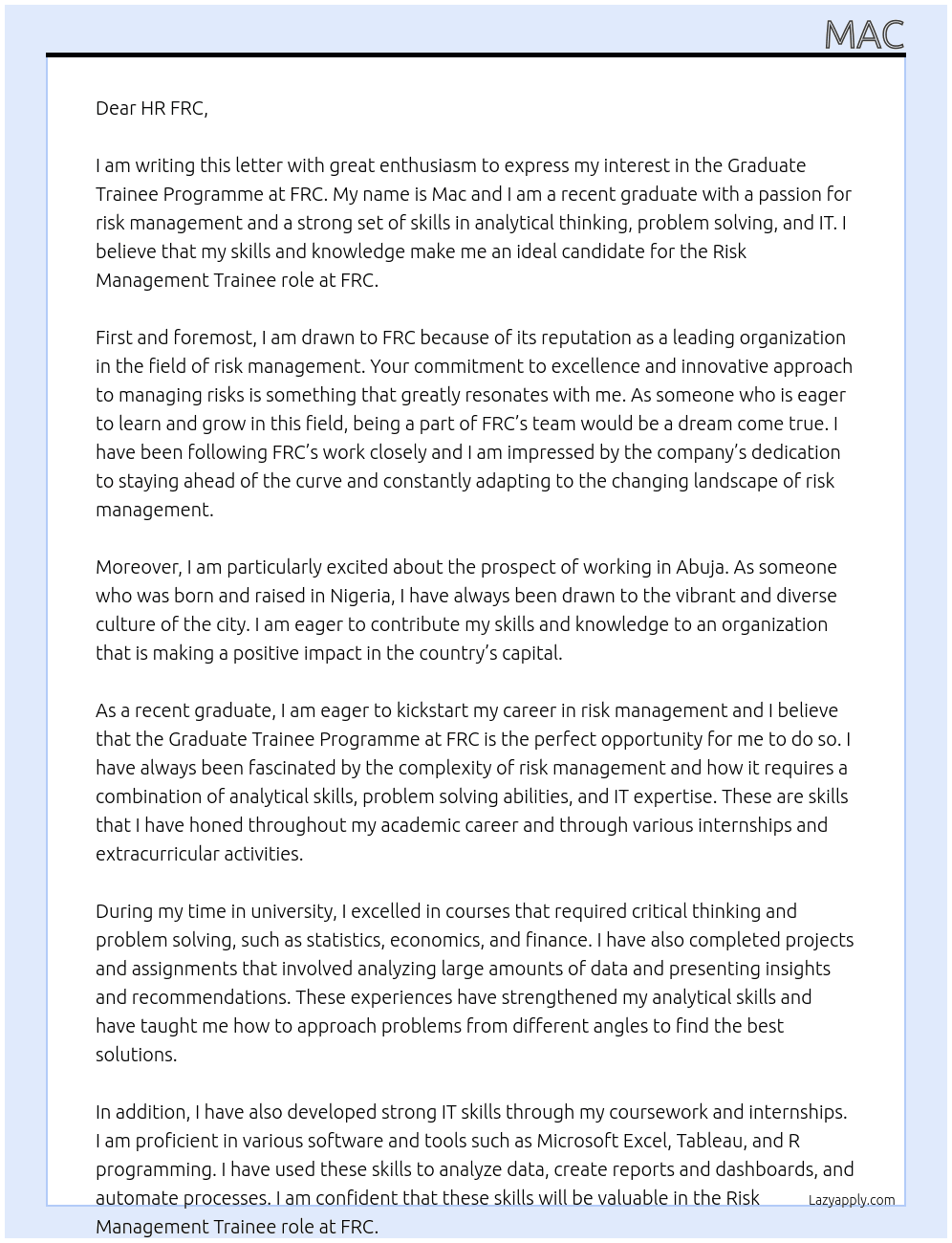 graduate trainee programme At frc Cover Letter