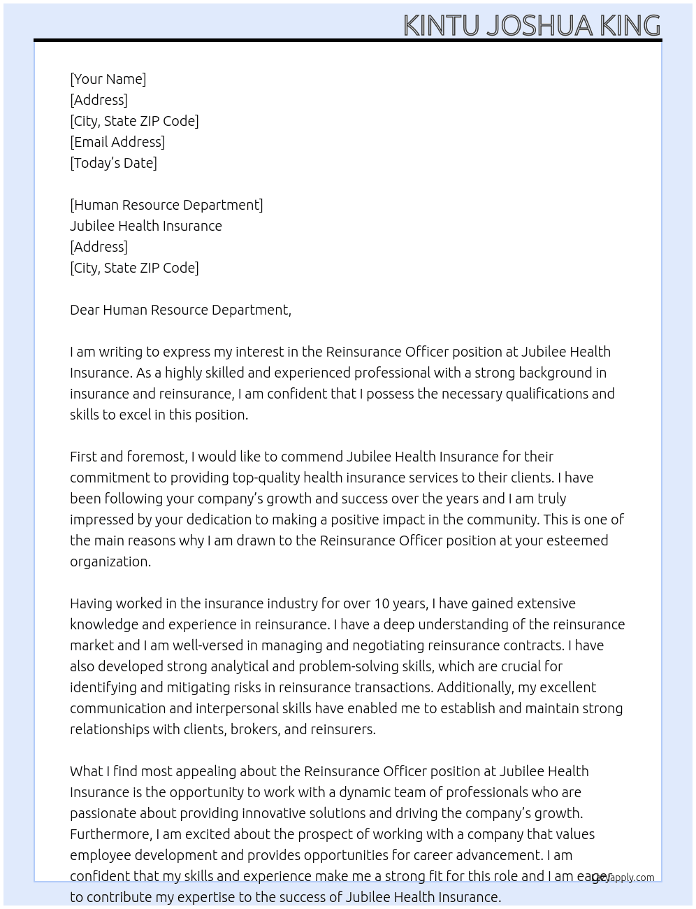 Reinsurance officer At Jubilee Health Insurance Cover Letter