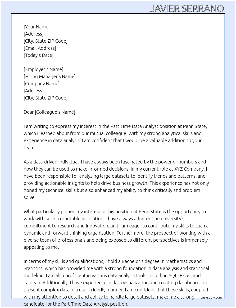 Part Time Data Analyst At Penn State Cover Letter