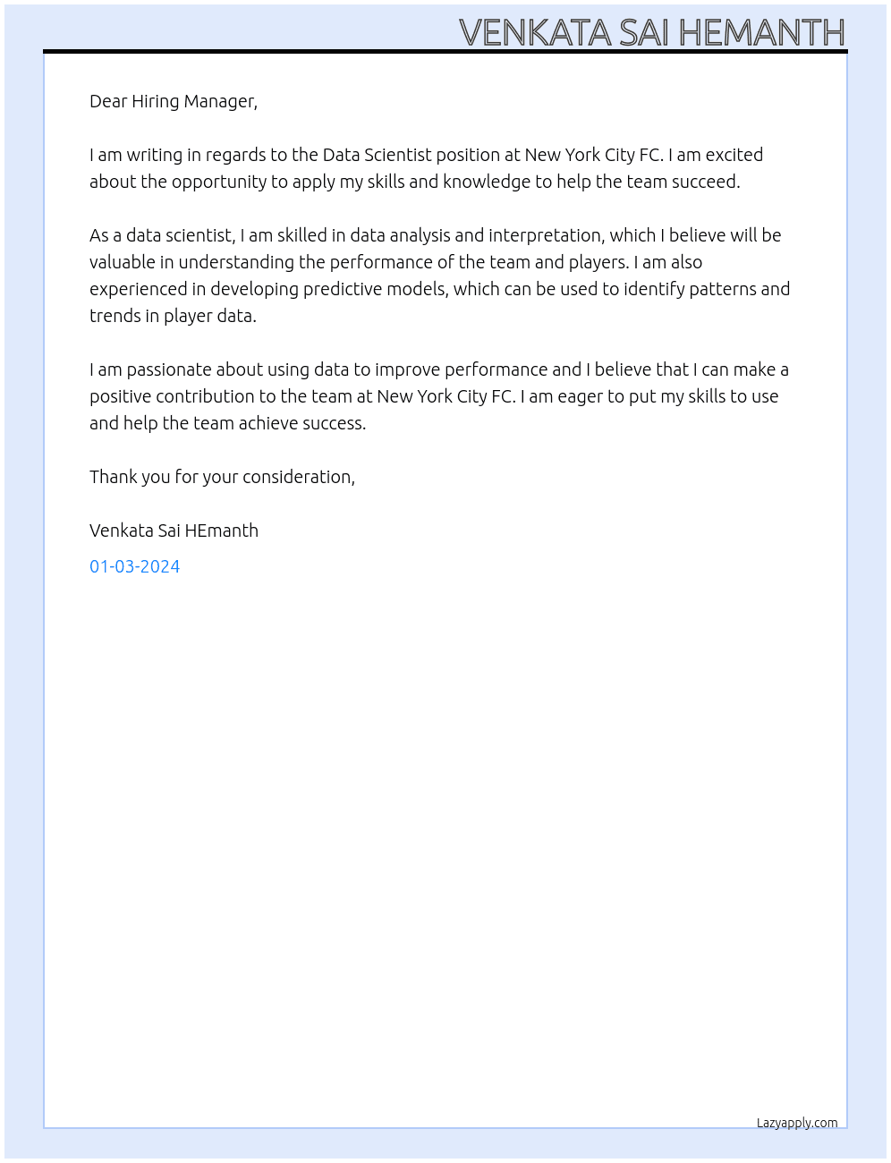 Data Scientist At New York City FC Cover Letter