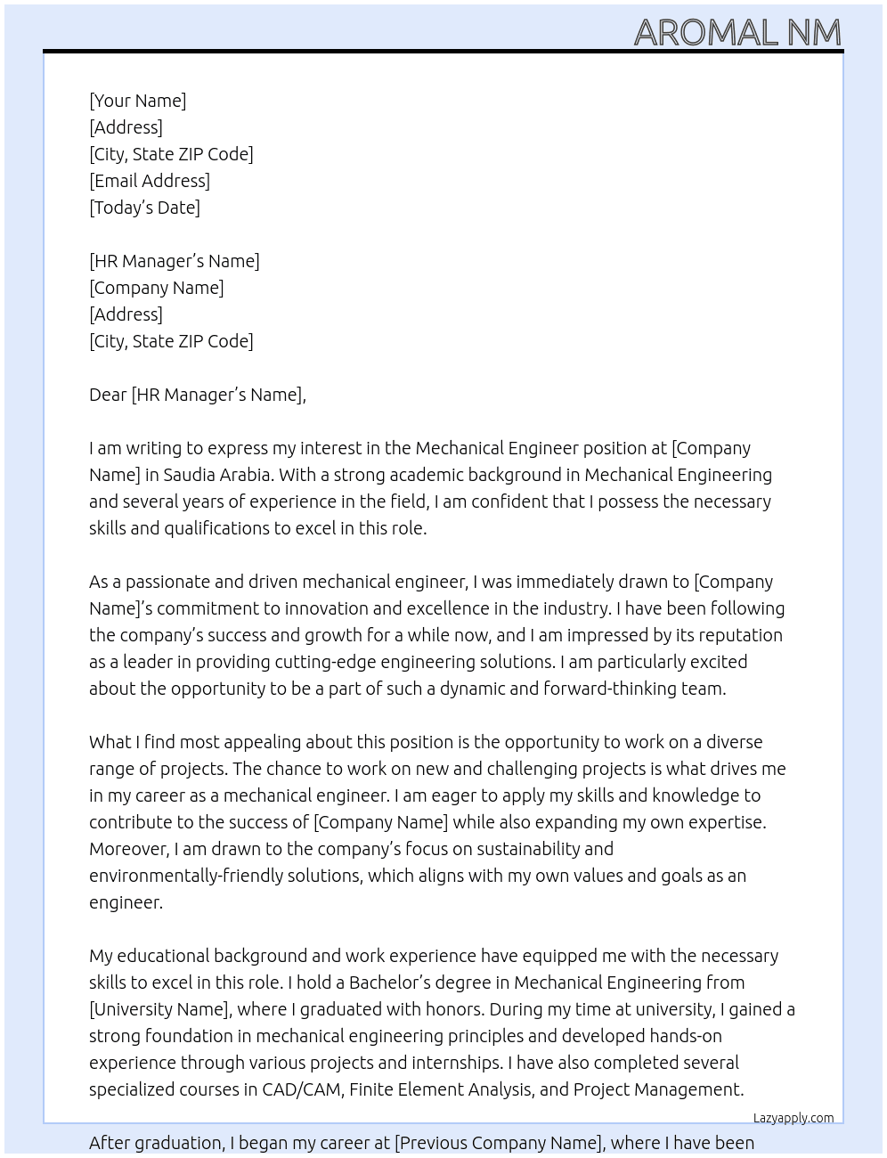Mechanical engineer At Saudia arabia Cover Letter