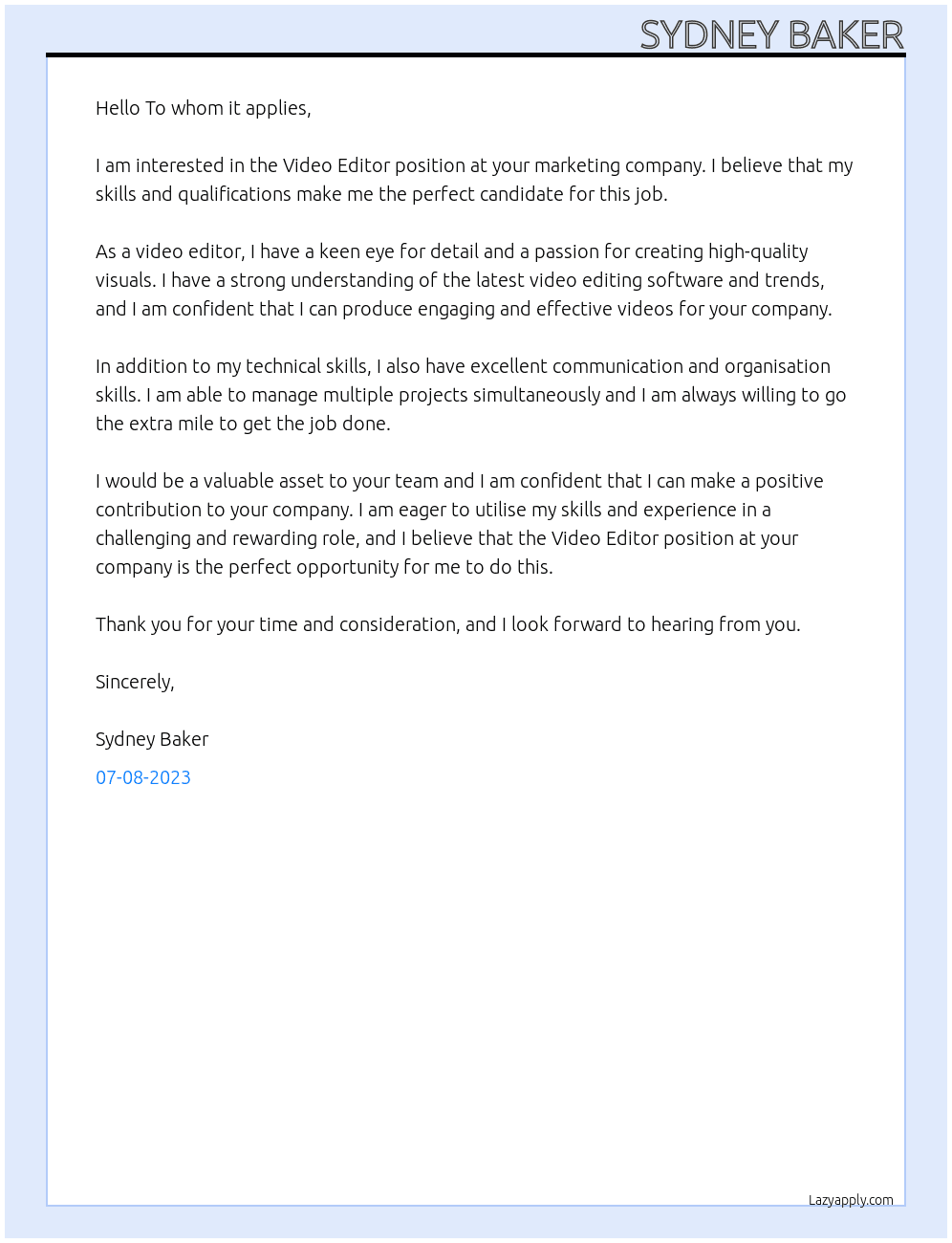 Video Editor At marketing company Cover Letter