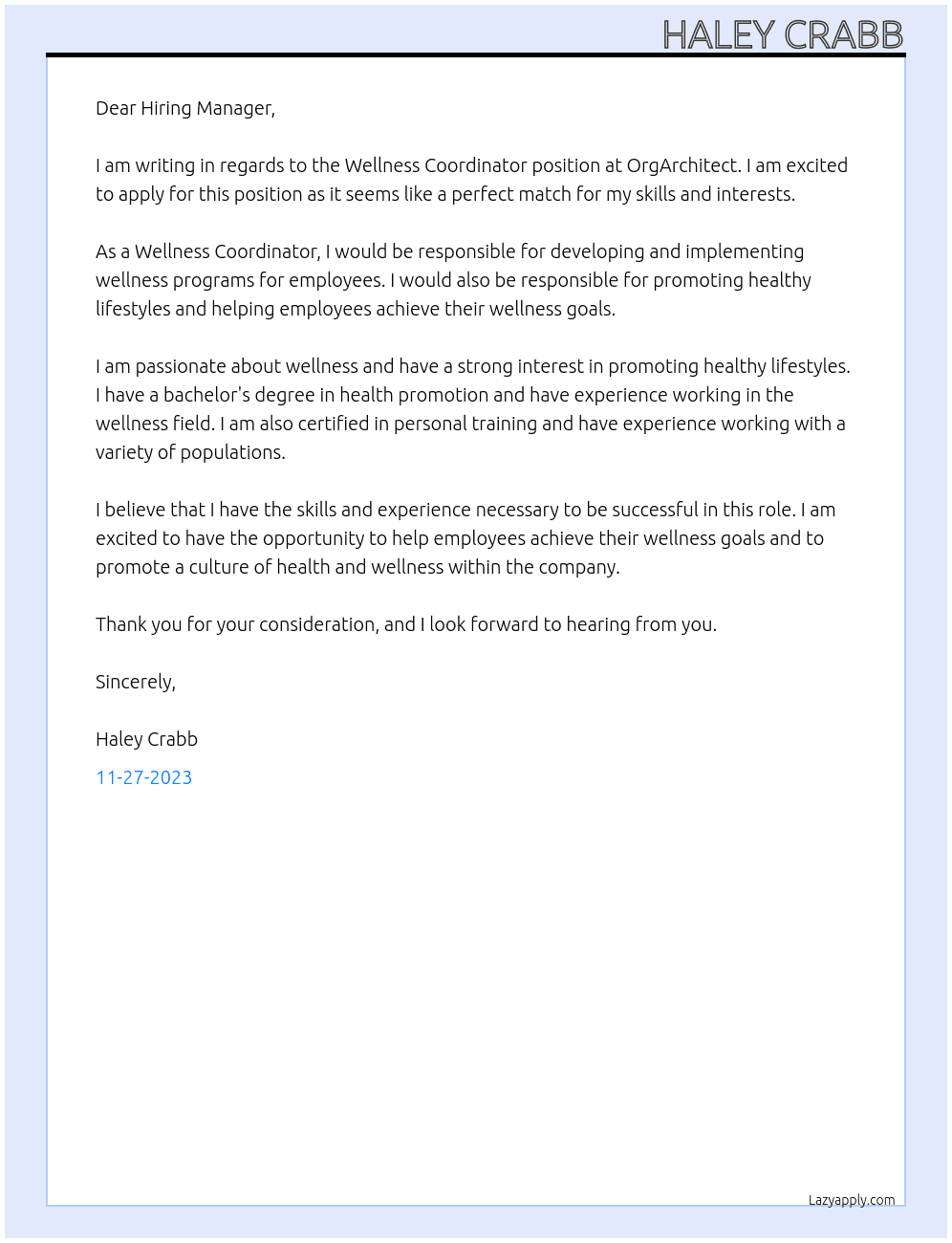 Wellness Coordinator At OrgArchitect Cover Letter