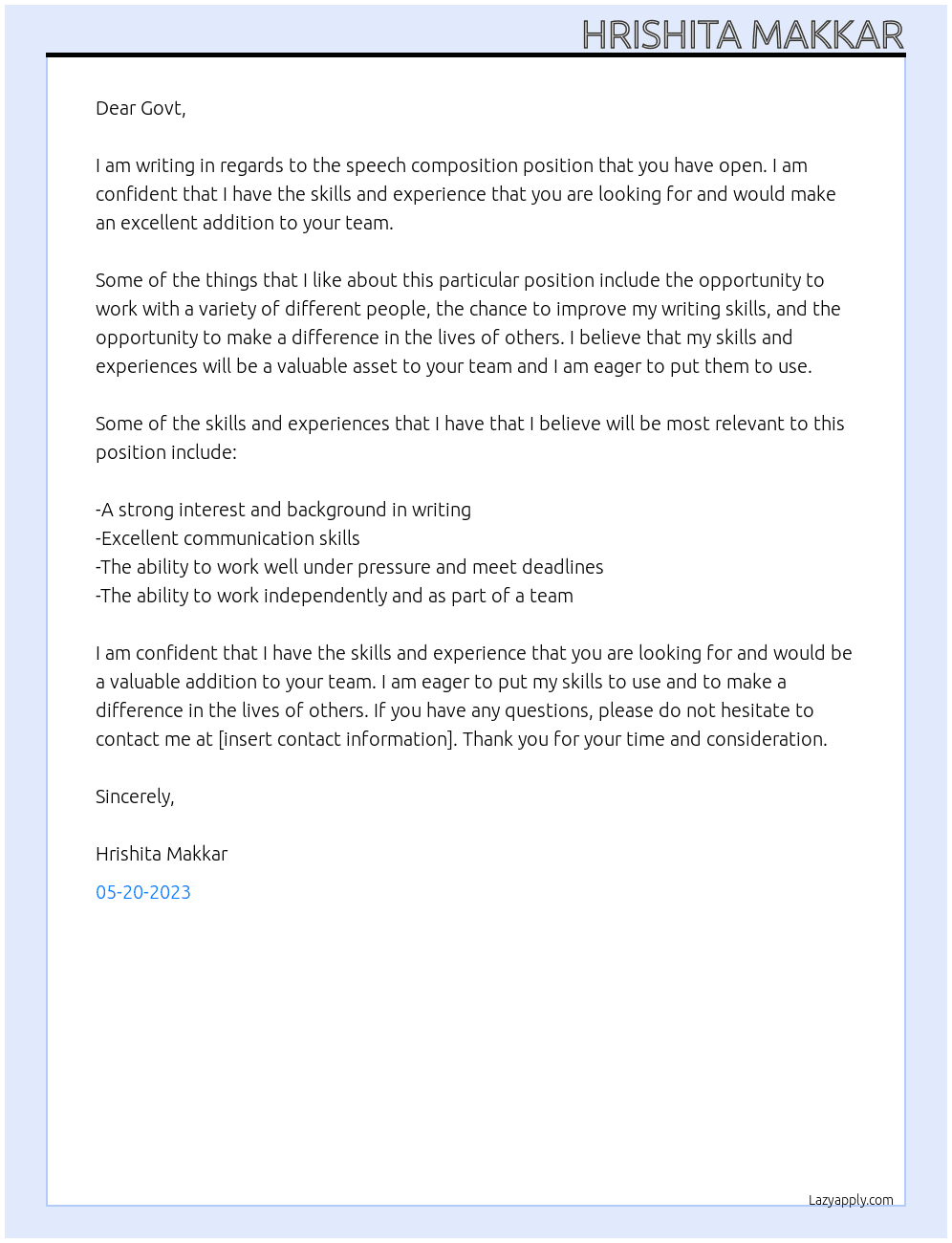 speech composition At govt Cover Letter