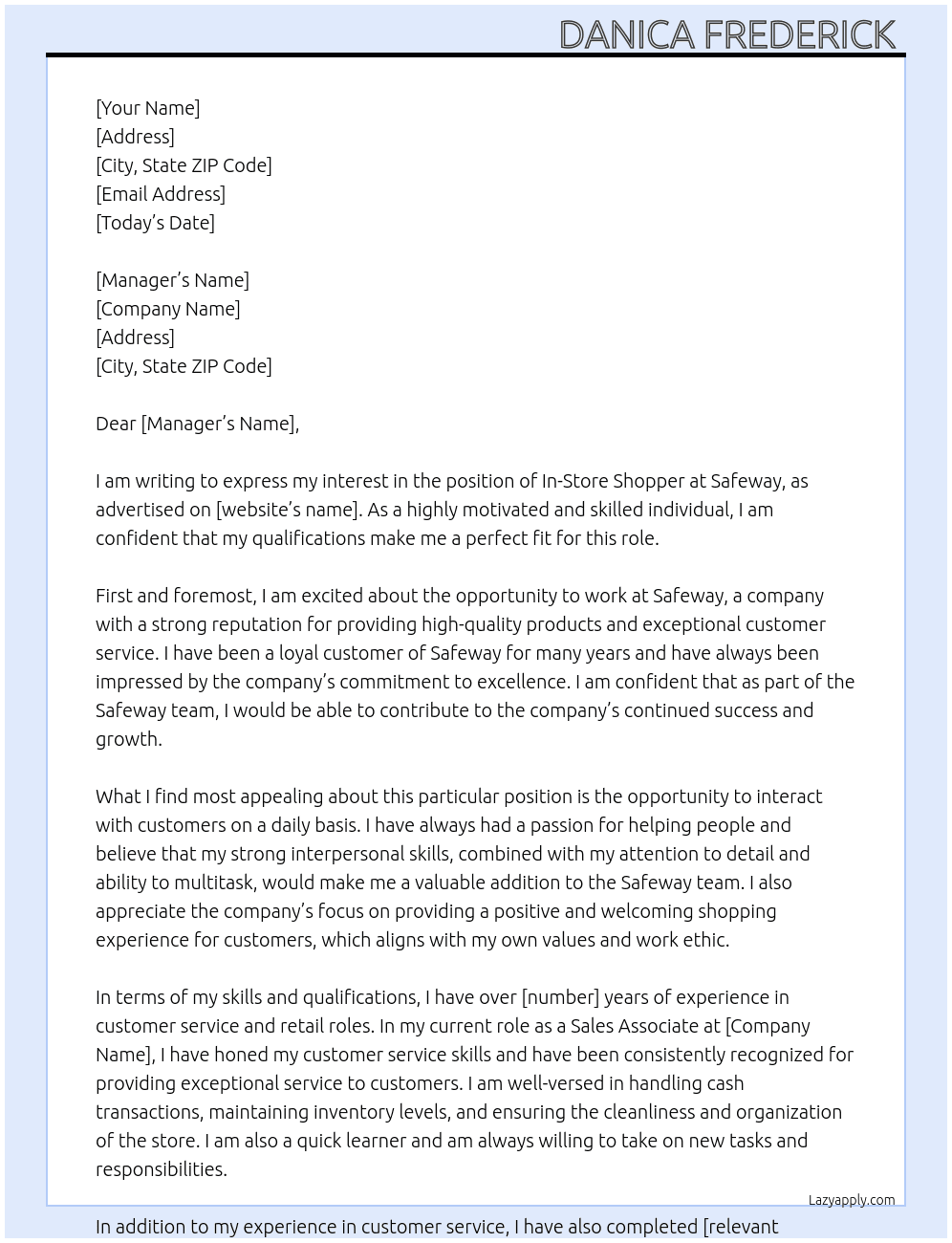 In store shopper At Safeway Cover Letter