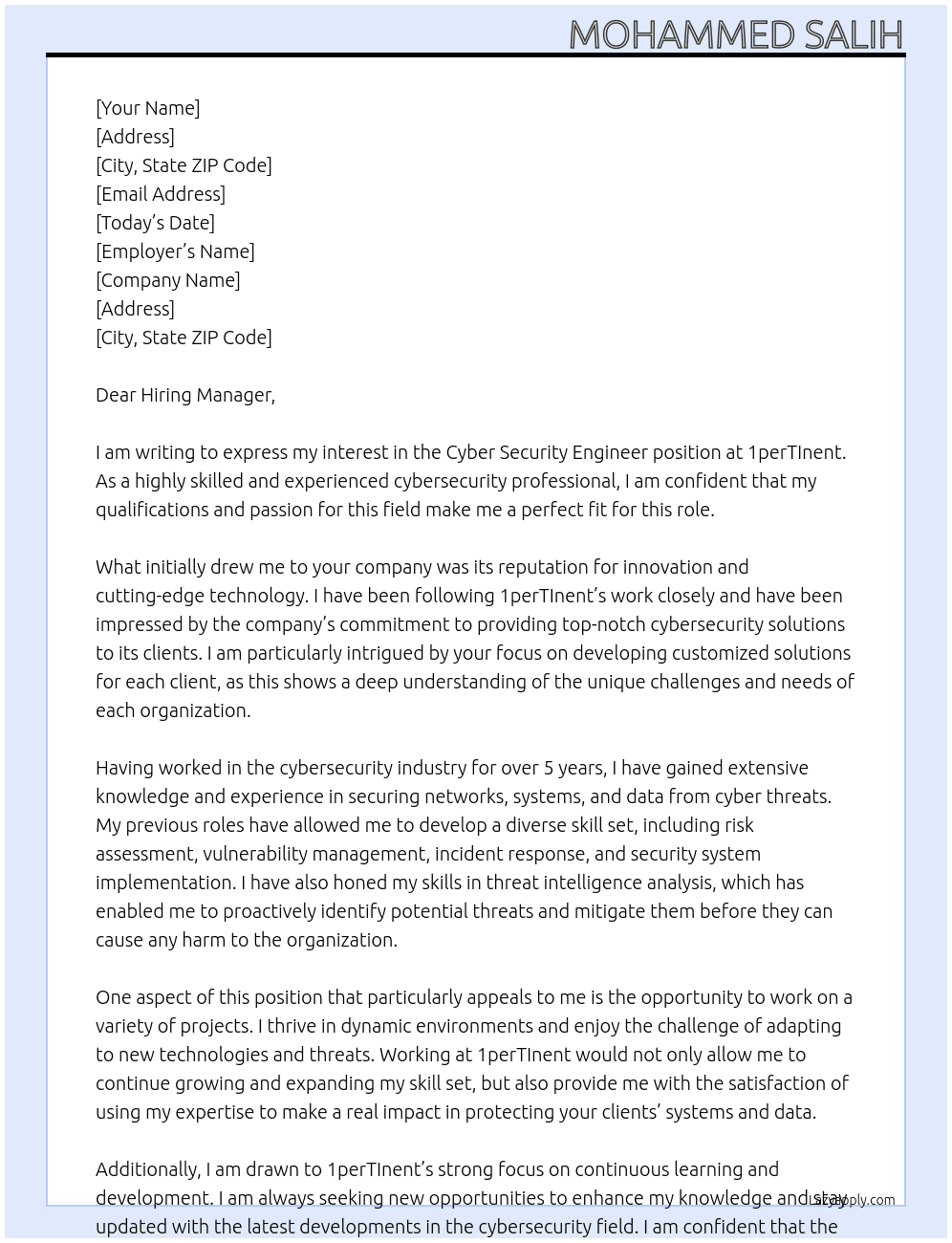 Cyber Security Engineer  At  1perTInent Cover Letter