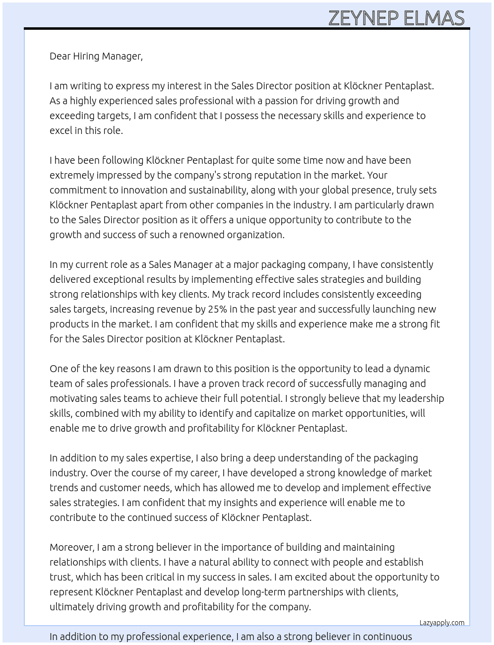 Sales Director At Klöckner Pentaplast Cover Letter