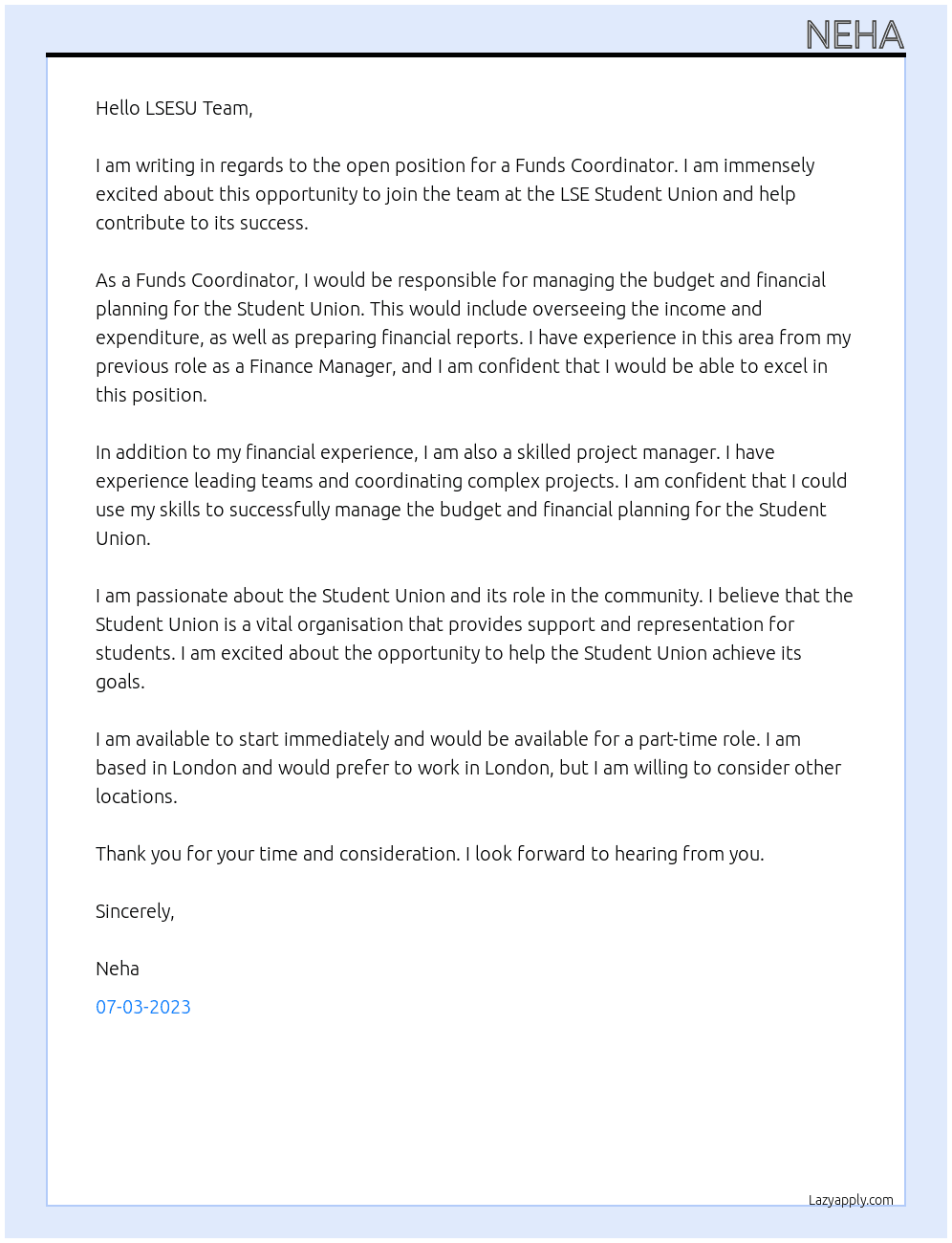 Funds Coordinator At LSE Student Union Cover Letter