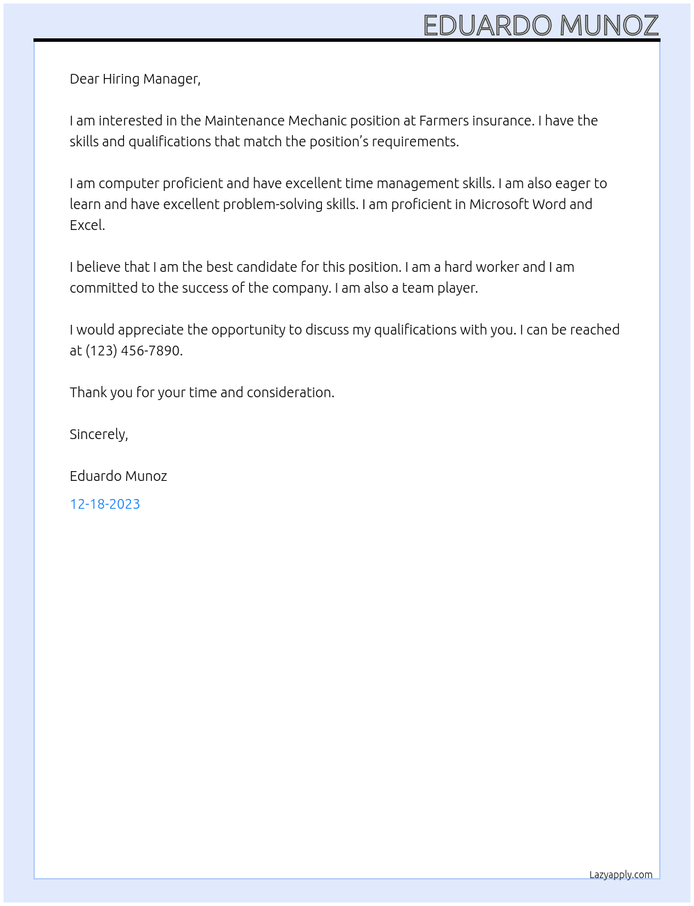 Maintenance Mechanic  At Farmers insurance  Cover Letter