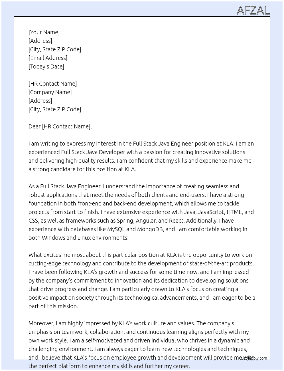 Full Stack Java Engineer At KLA Cover Letter