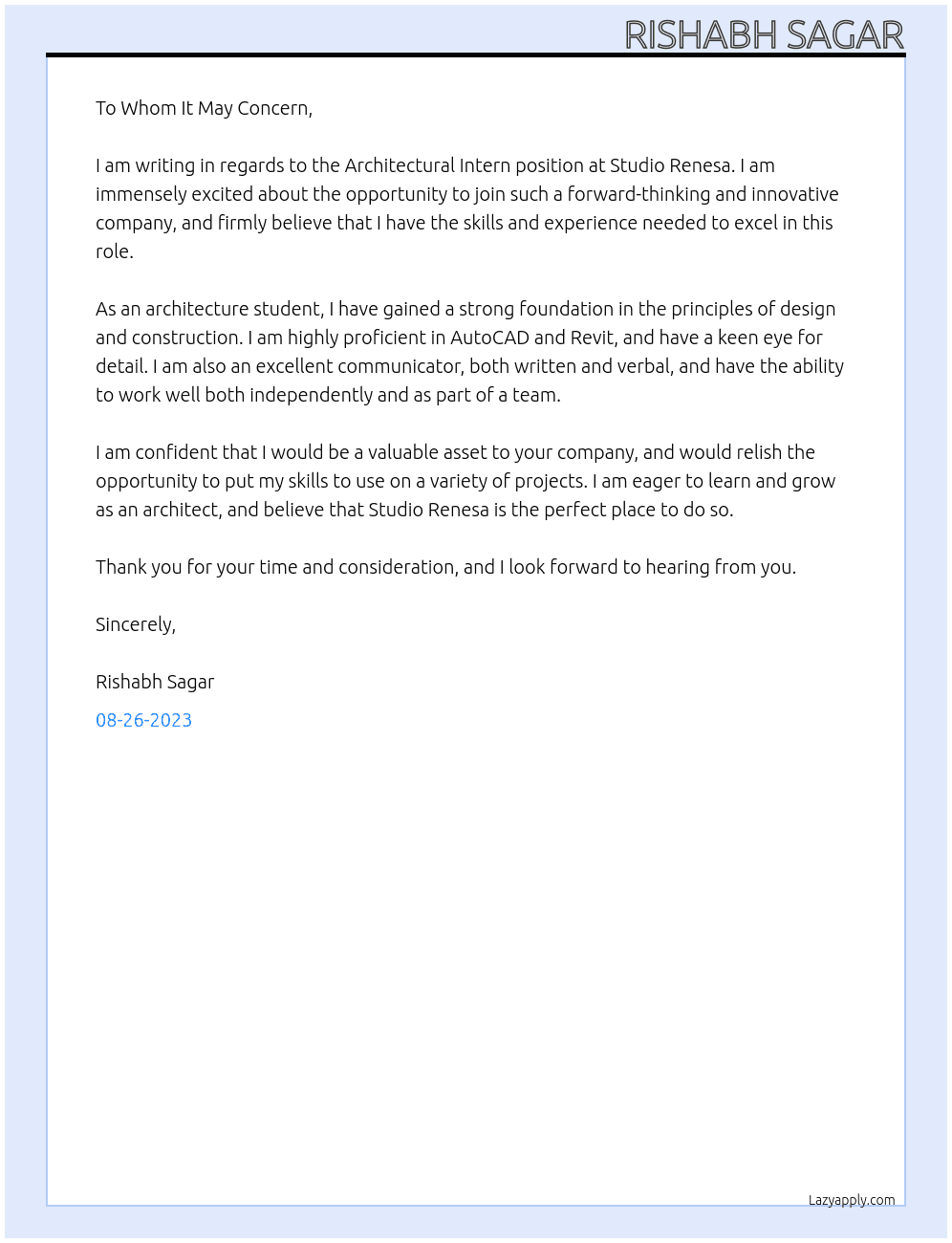 ARCHITECTURAL INTERN At Studio Renesa Cover Letter