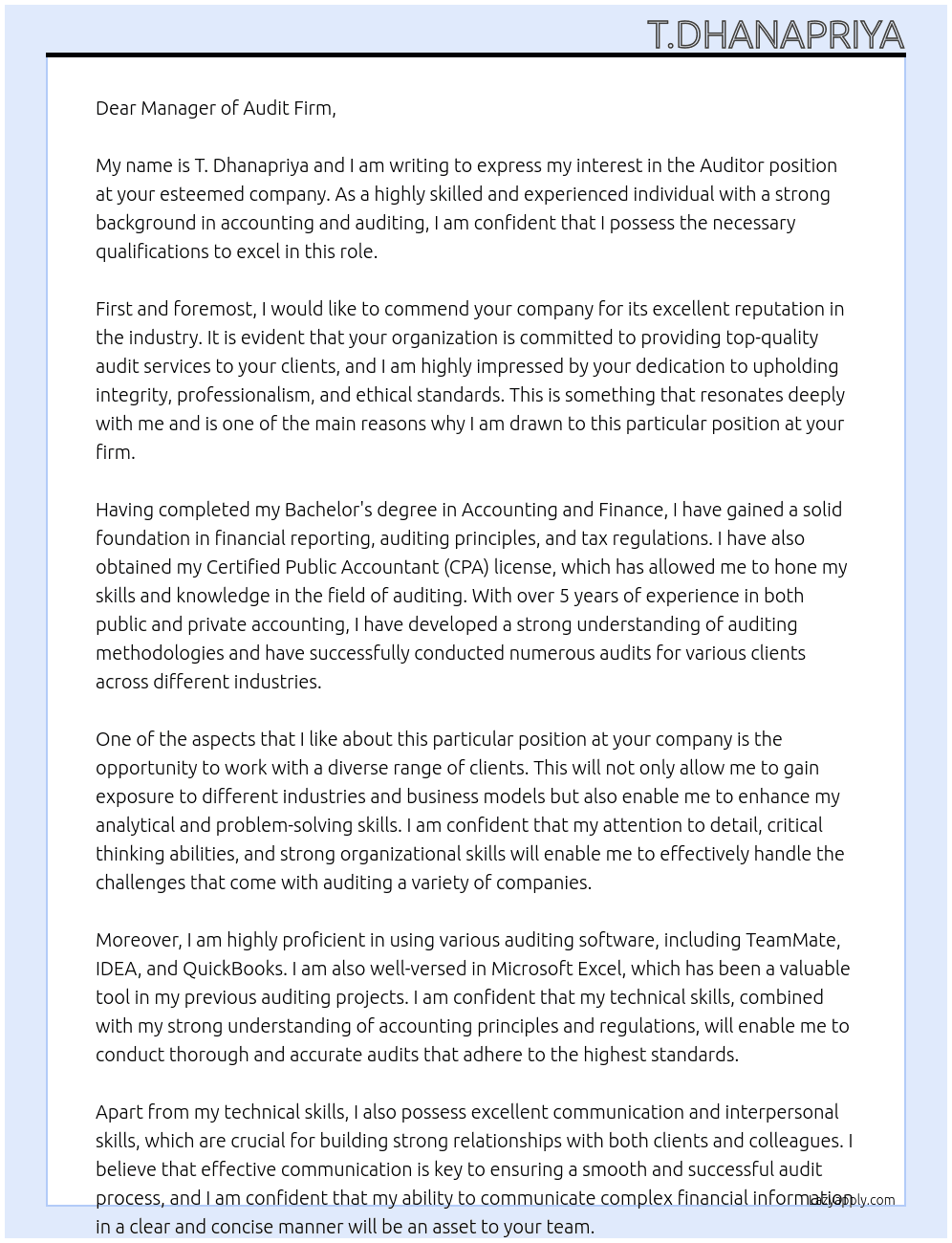 Auditor At Audit Firm Cover Letter