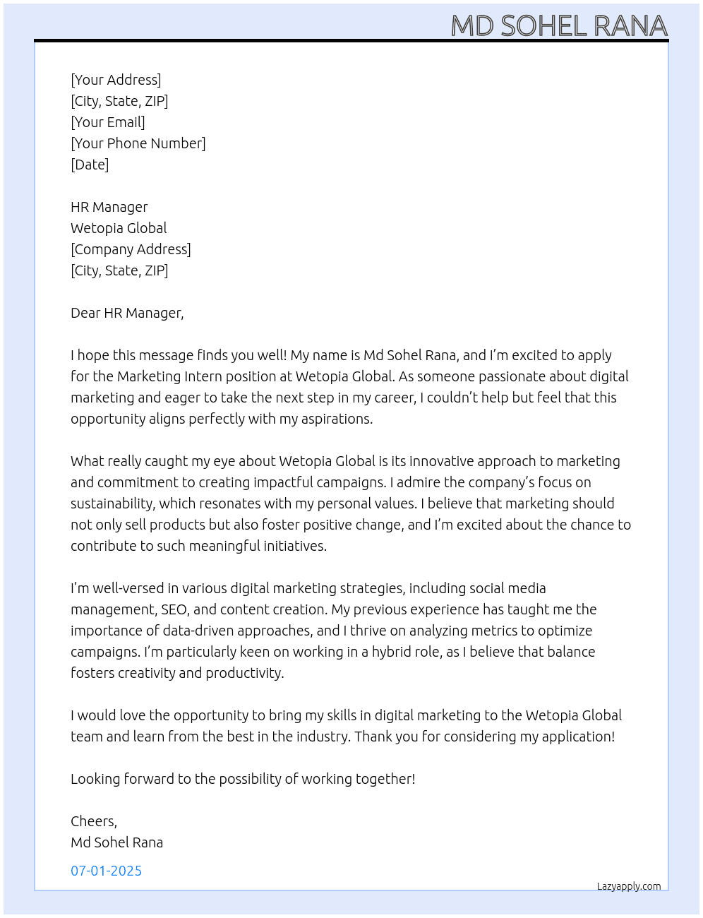 Marketing Intern At Wetopia Global Cover Letter