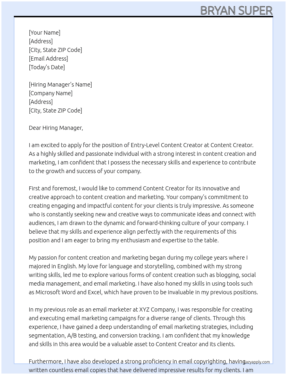 Entry-Level Content Creator At Content Creator Cover Letter
