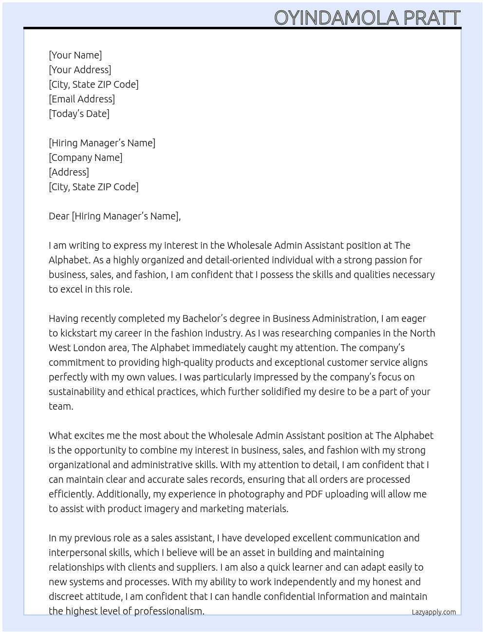 Wholesale Admin assitant At The Alphabet Cover Letter