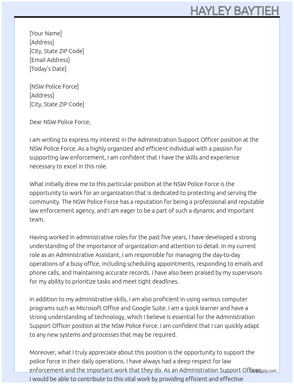 Administration Support Officer At NSW Police Force  Cover Letter