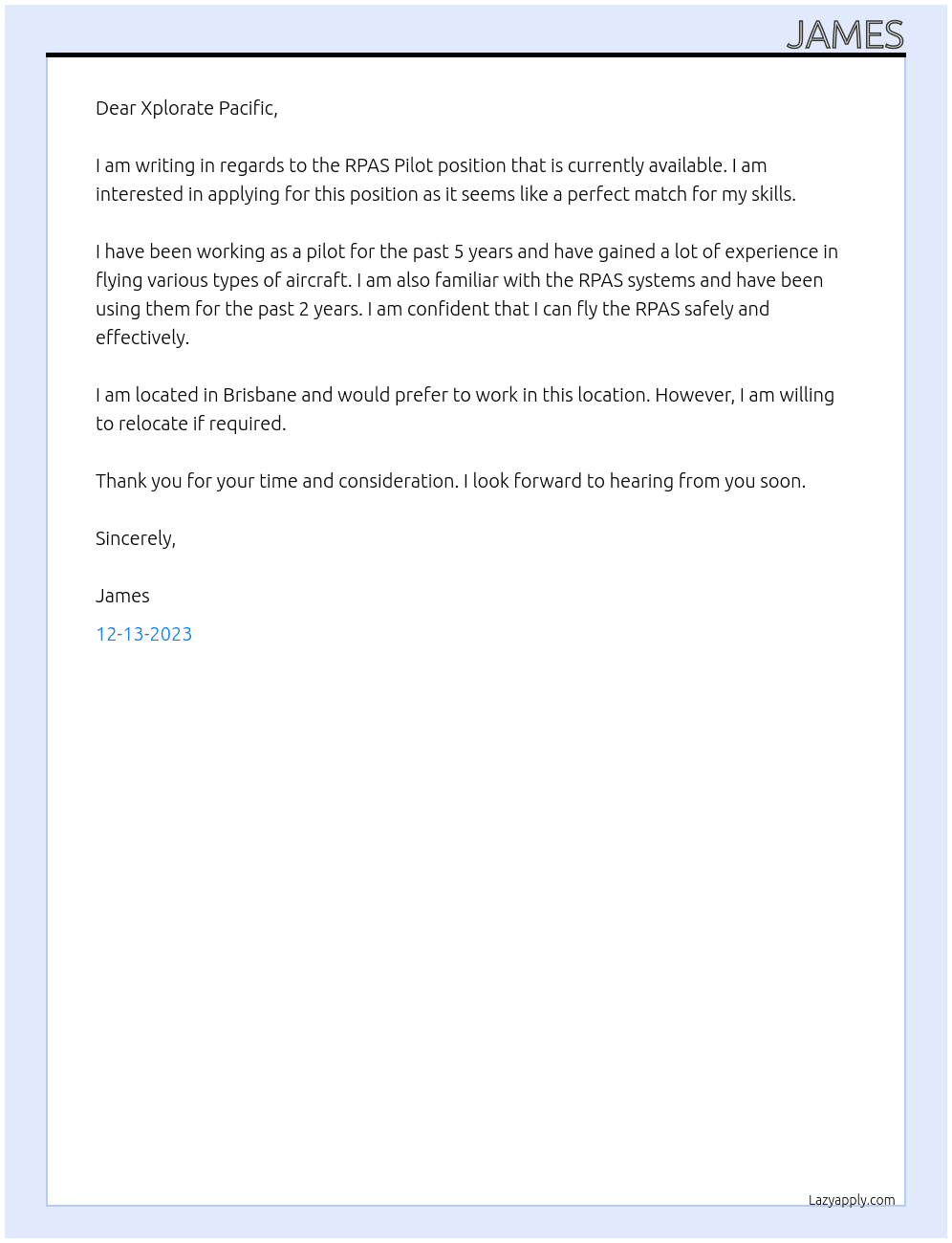 RPAS Pilot At Xplorate Pacific Cover Letter