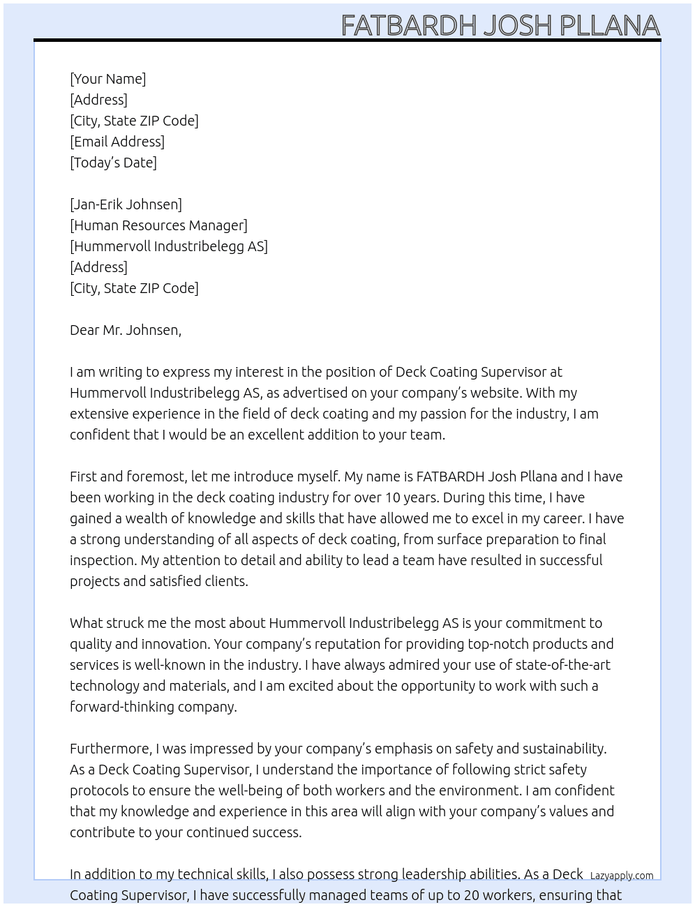 Deck Coating Supervisor At Hummervoll Industribelegg AS Cover Letter