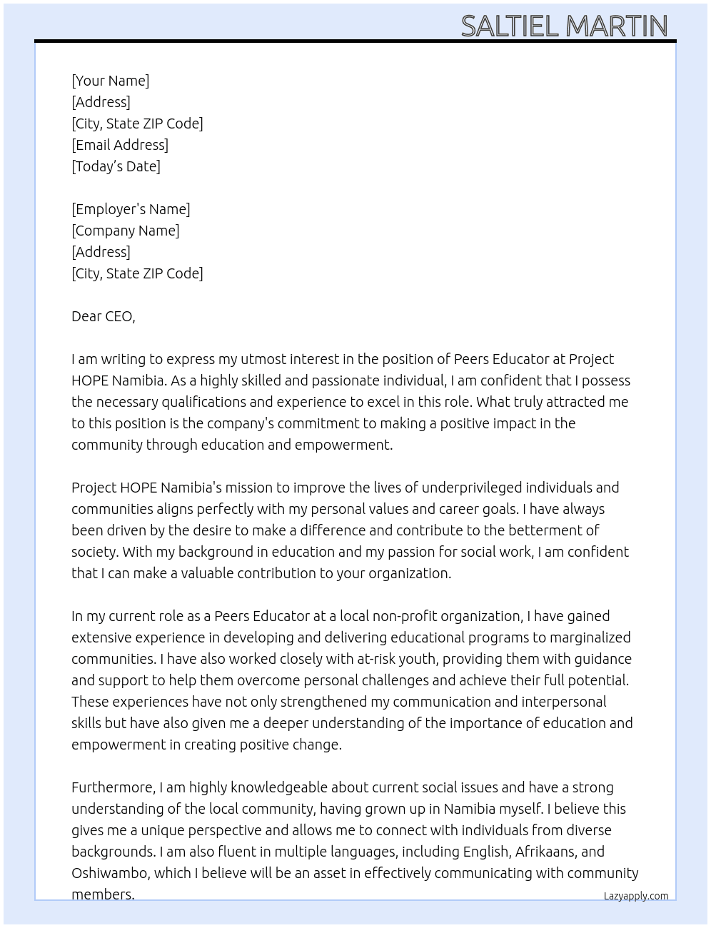 Peers educator At Project HOPE Namibia  Cover Letter