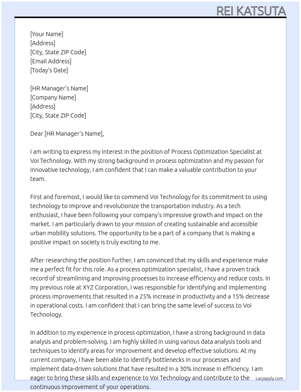 Process Optimization Specialist At Voi Technology Cover Letter