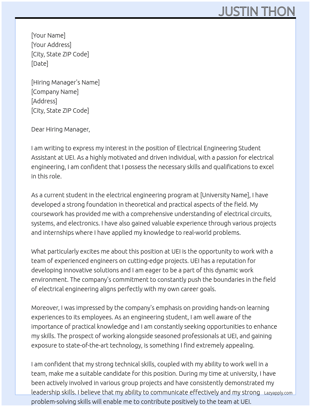 Electrical Engineering Student Assistant At UEI Cover Letter