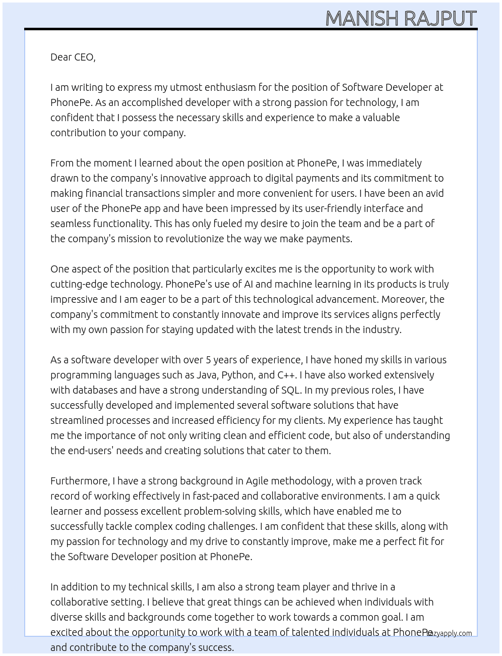 Software developers  At PhonePe  Cover Letter