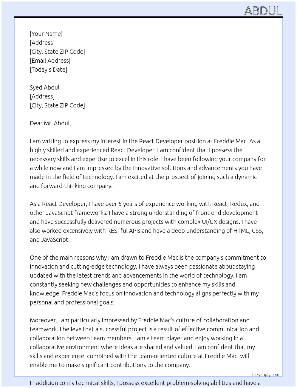 React developer At Freddie Mac Cover Letter