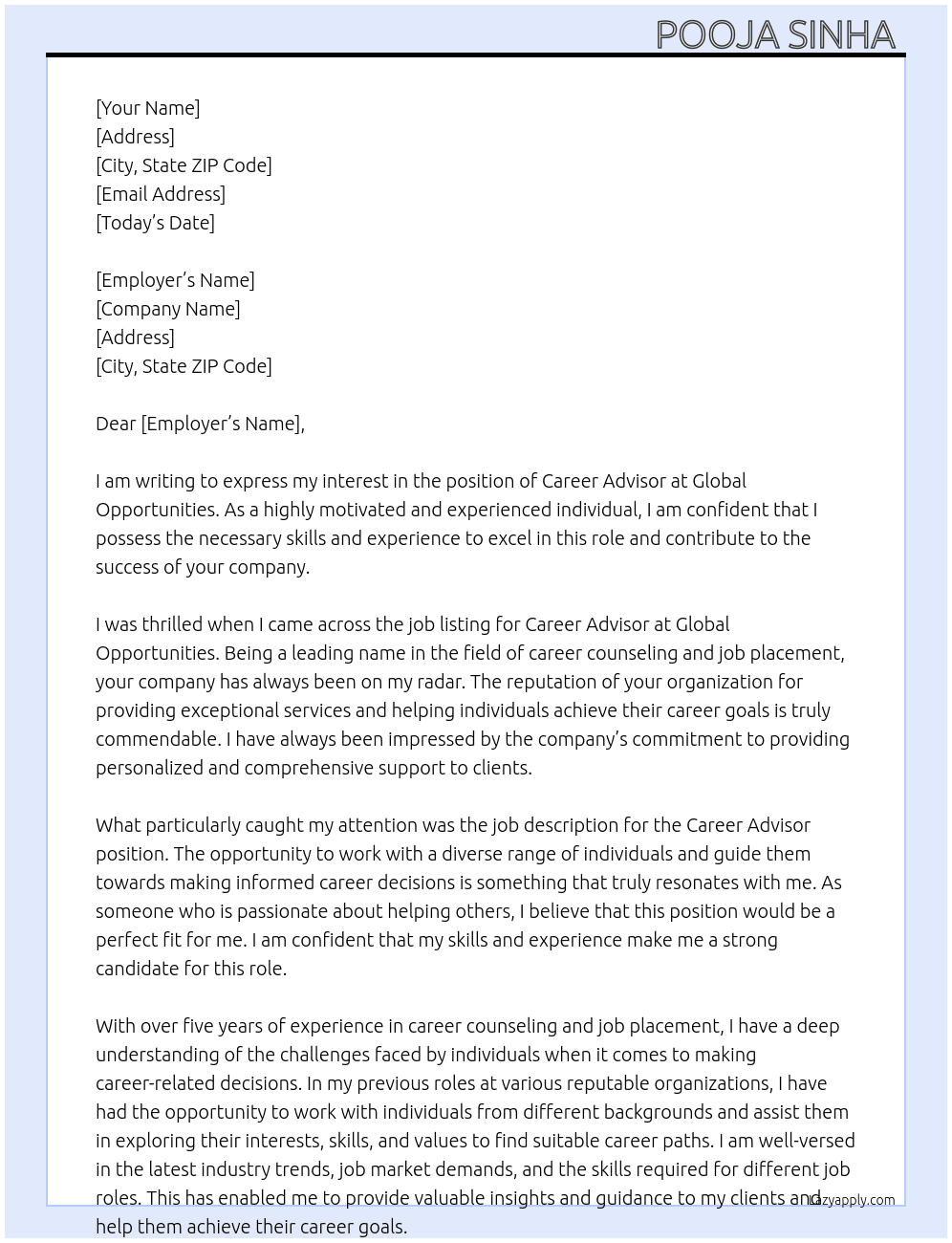  Career Advisor  At Global opportunities  Cover Letter
