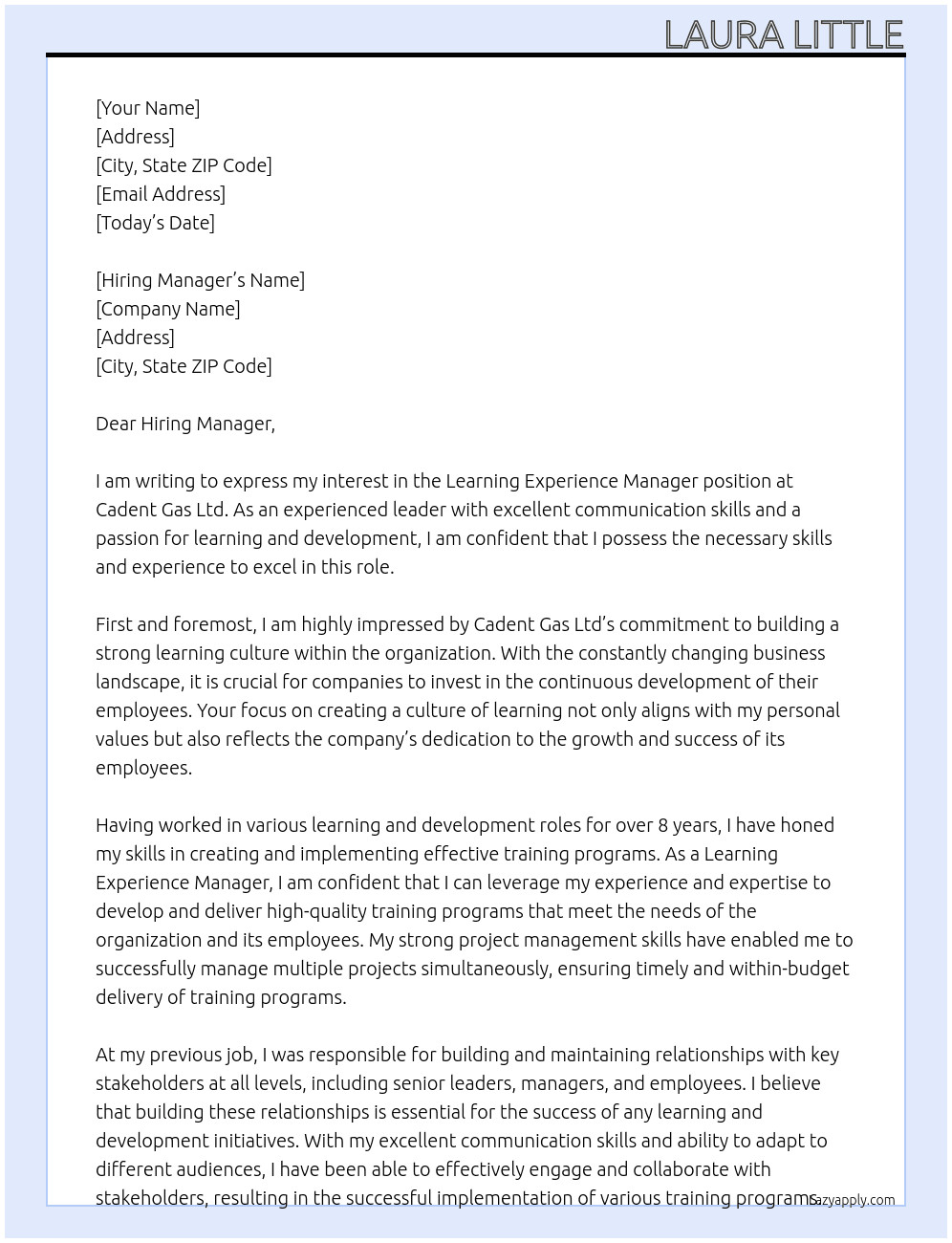Learning Experience Manager At Cadent Gas Ltd Cover Letter