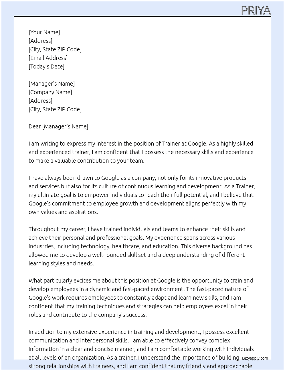 trainer  At google  Cover Letter