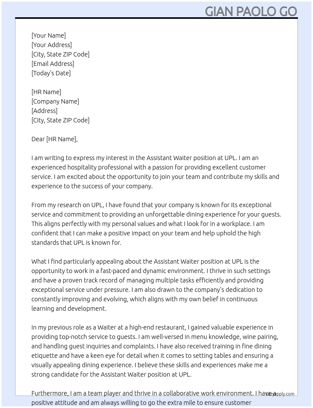 Assistant Waiter At UPL Cover Letter