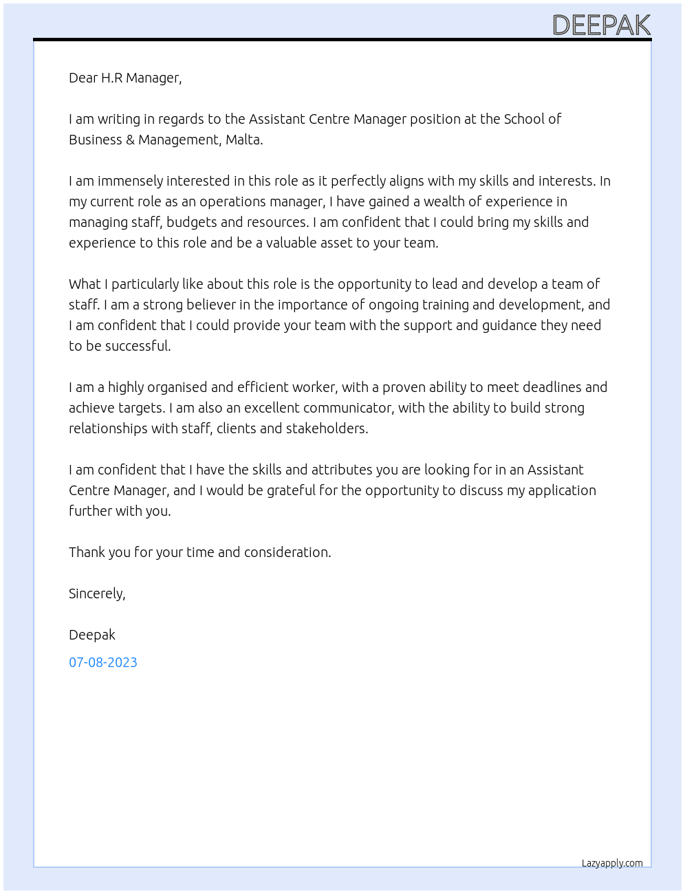 ASSISTANT CENTRE MANAGER At SCHOOL OF BUSINESS &MANAGEMENT, MALTA Cover Letter