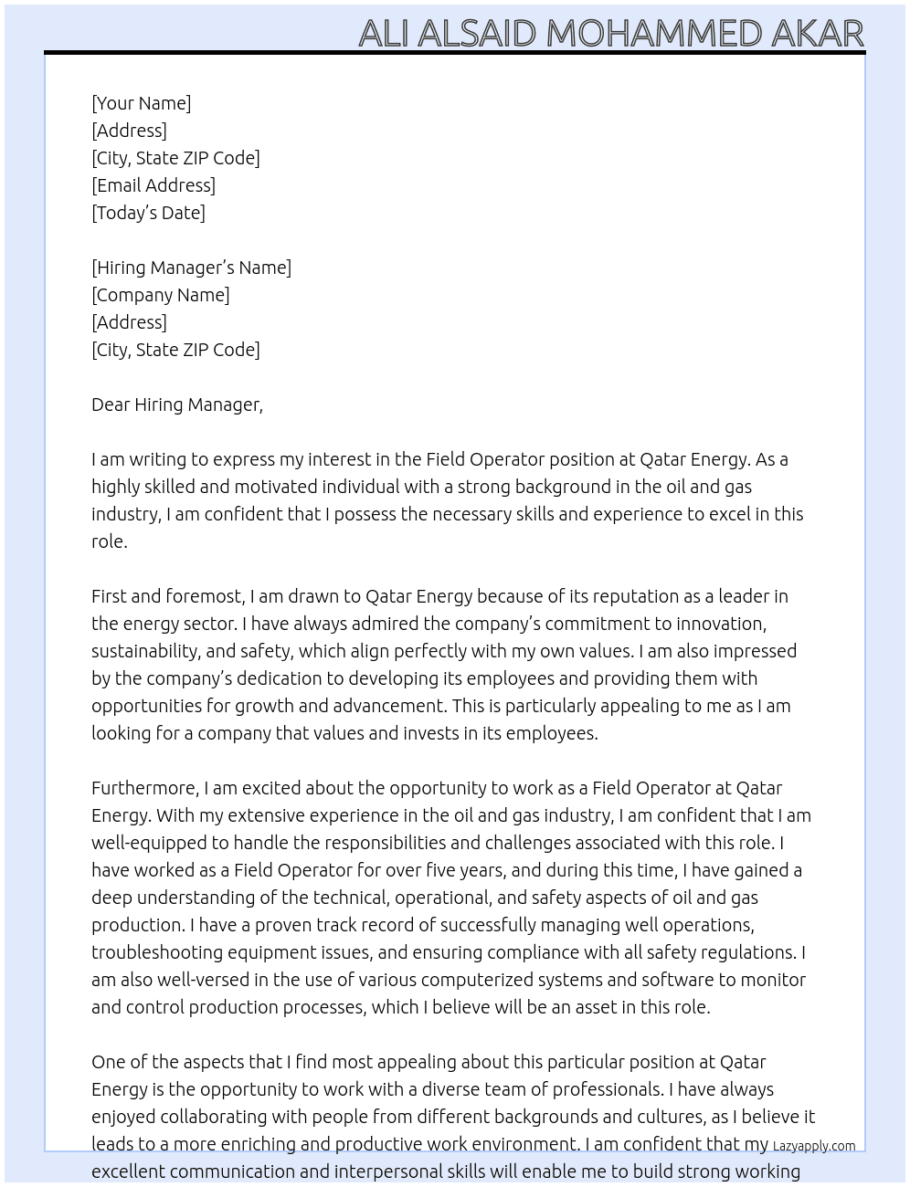 Field operator  At Qatar energy Cover Letter
