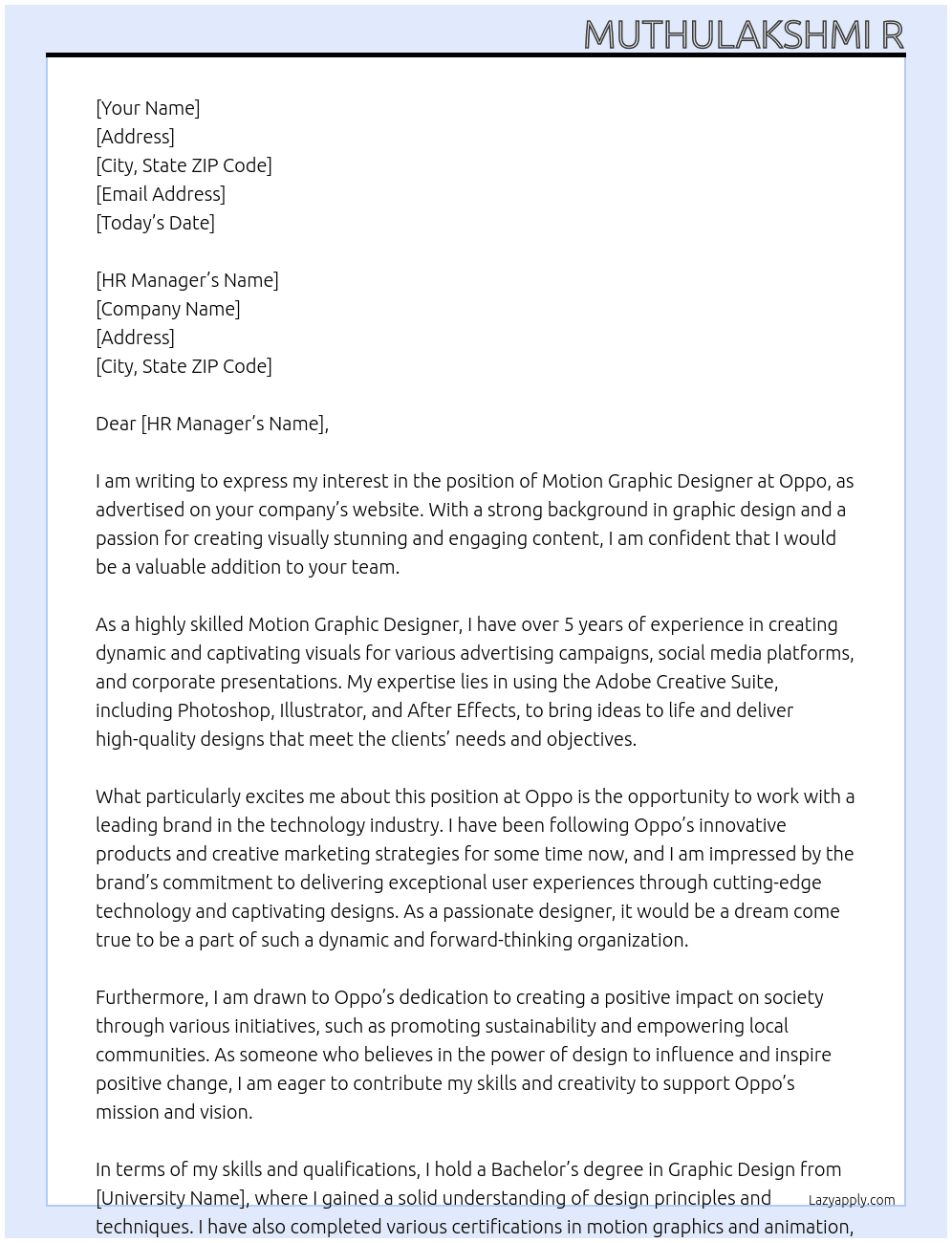 Motion Graphic Designer  At Oppo Cover Letter