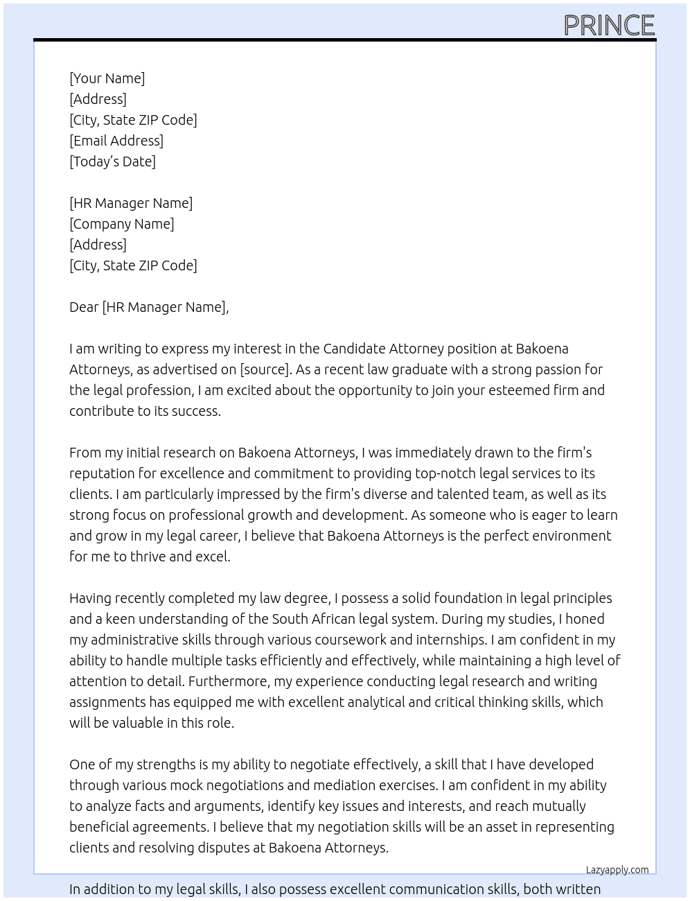Candidate Attorney  At Bakoena Attorneys Cover Letter