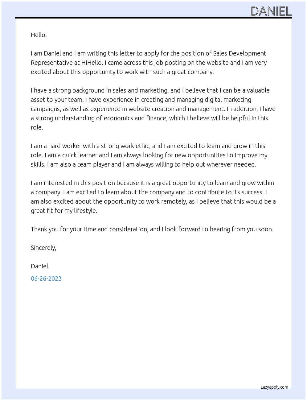 Sales Development Representative At HiHello Cover Letter