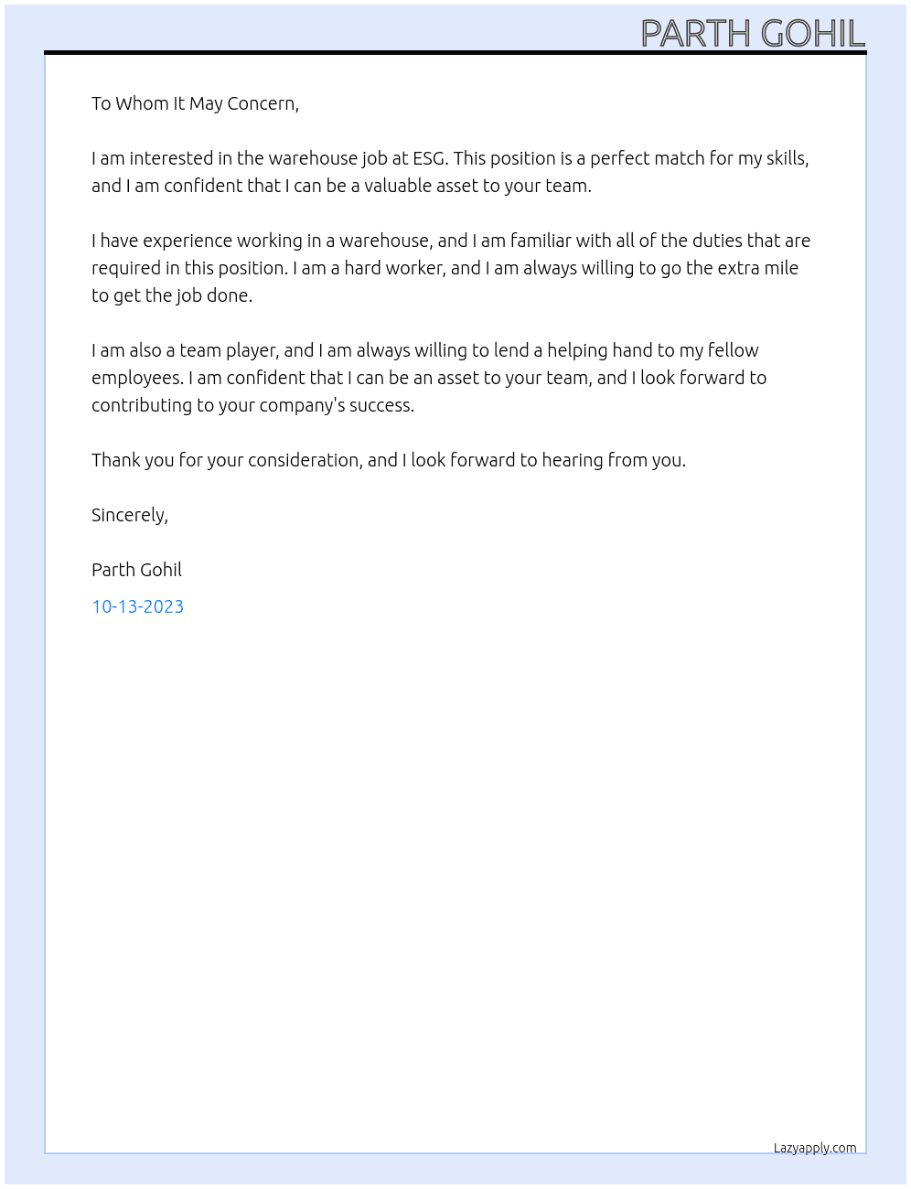 warehouse job At ESG Cover Letter