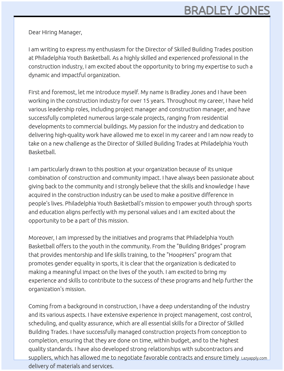 Director of Skilled Building Trades At Philadelphia Youth Basketball  Cover Letter