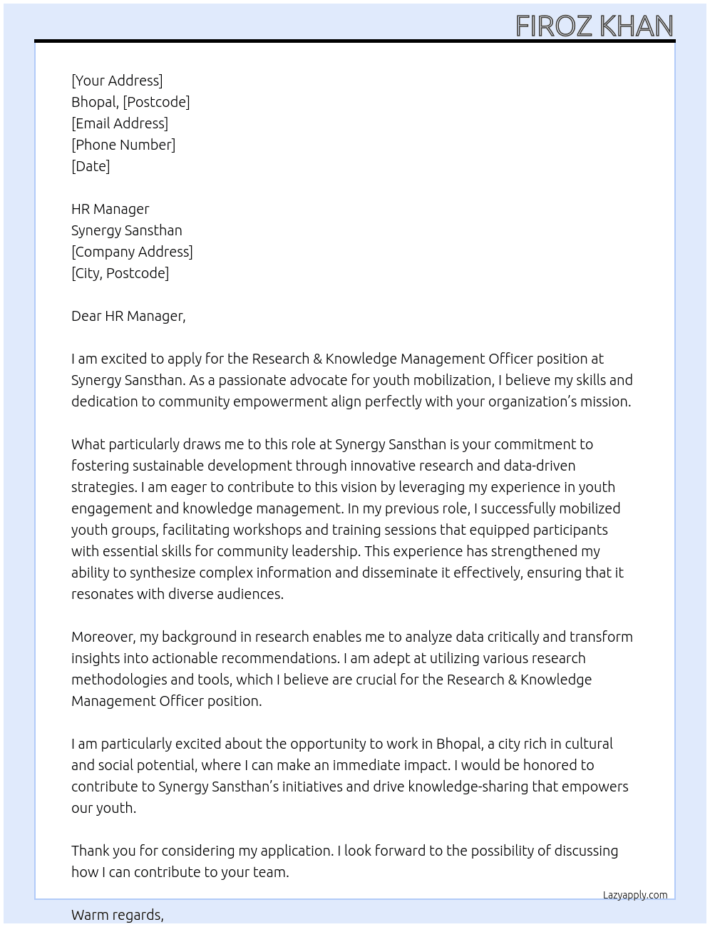 Cover letter for reserch & knowledge management officer - LazyApply
