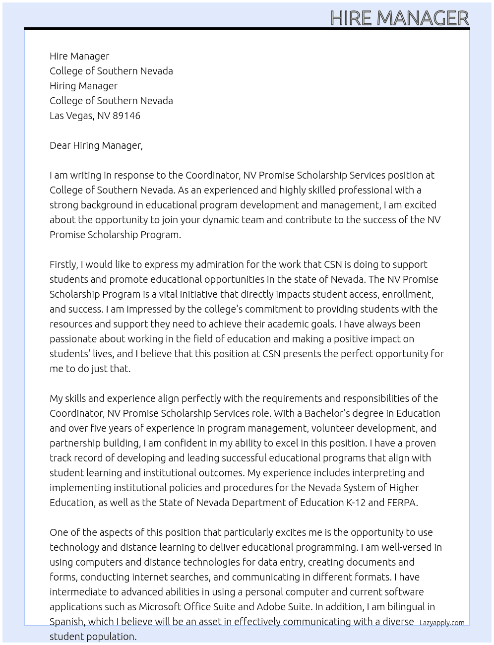 Coordinator, NV Promise Scholarship Services At college of southern nevada Cover Letter