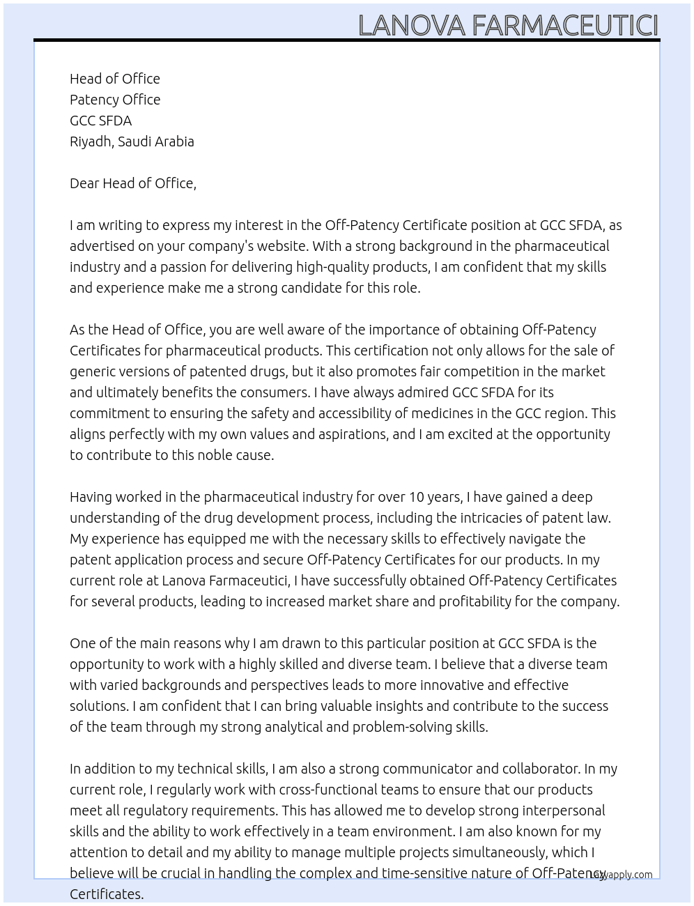 Off-Patency Certificate At GCC SFDA Cover Letter