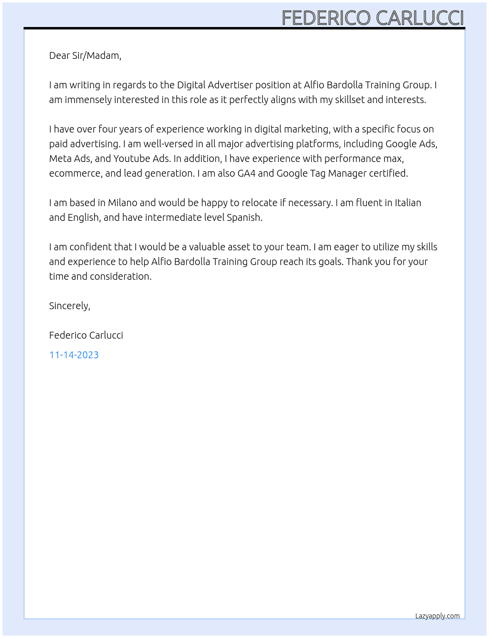 Digital Advertiser At Alfio Bardolla Training Group Cover Letter