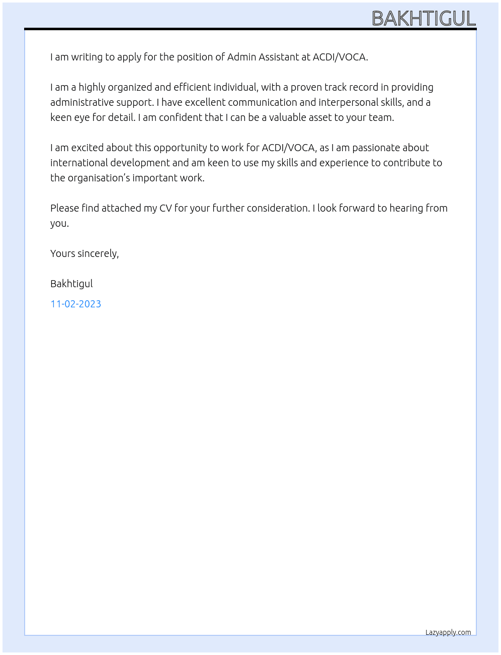Admin Assistant At ACDI/VOCA Cover Letter