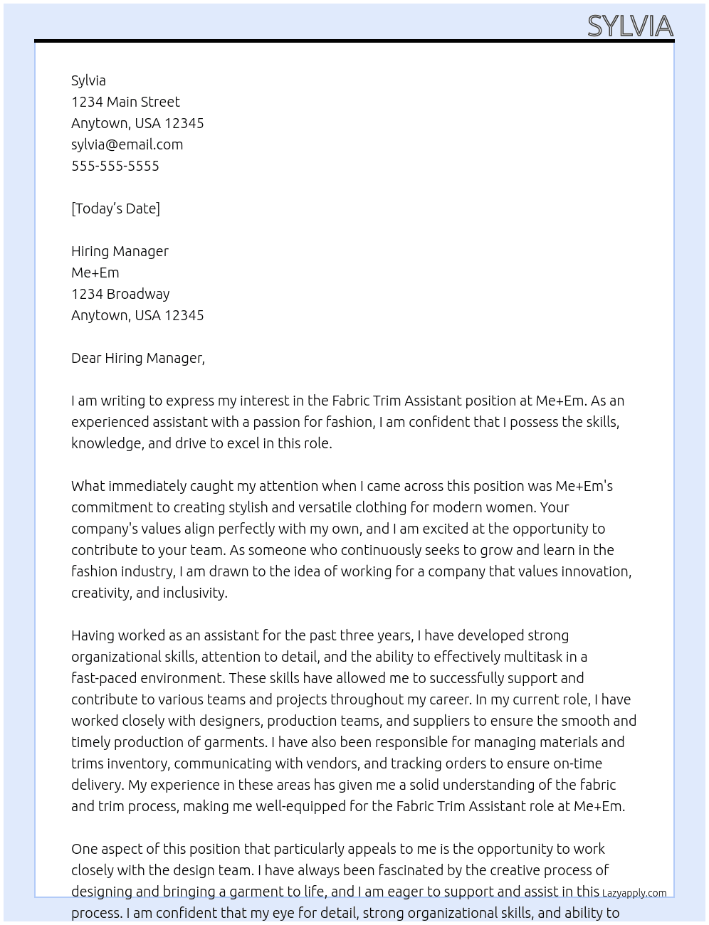 Farbic Trim Assistant  At Me+Em Cover Letter