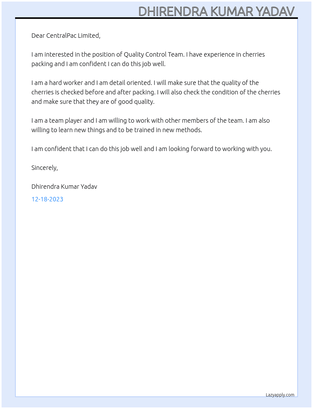 Be part of our Quality Control Team At CentralPac Limited Cover Letter