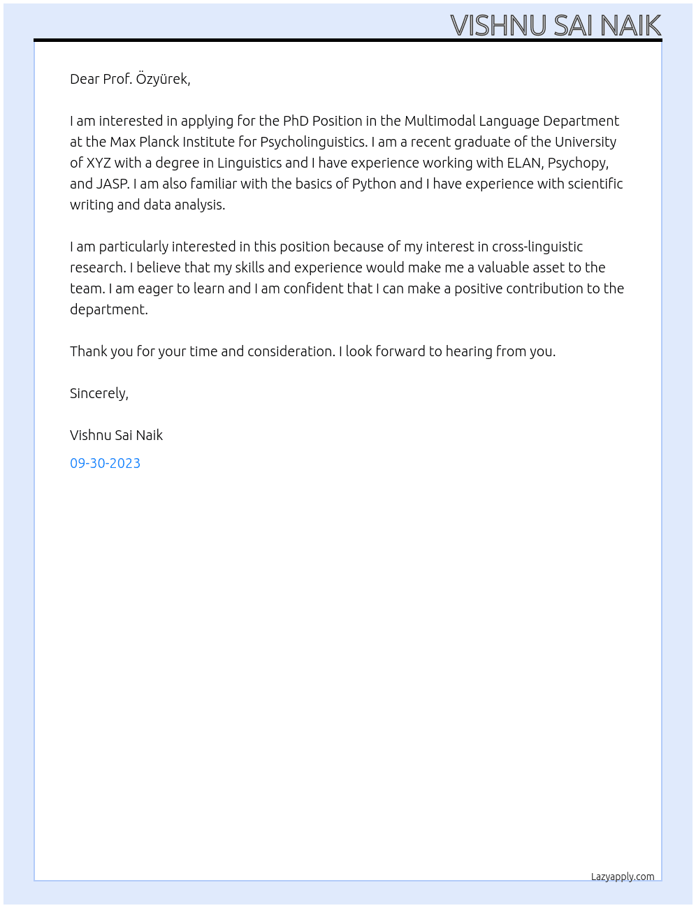 PhD Position in the Multimodal Language Department  At Max Planck Institute for Psycholinguistics  Cover Letter