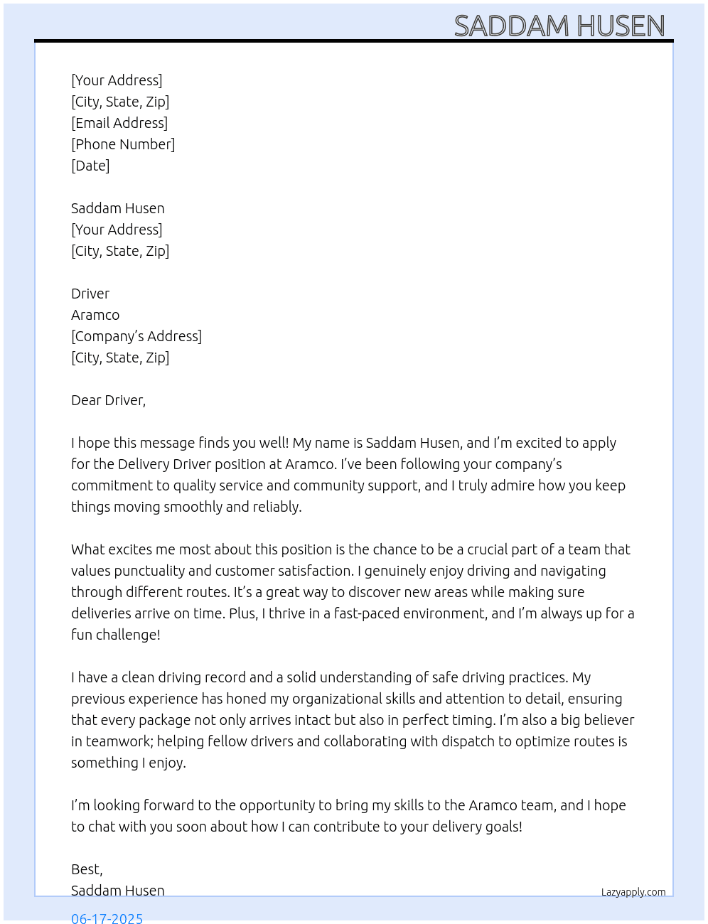 Delivery driver At Aramco Cover Letter