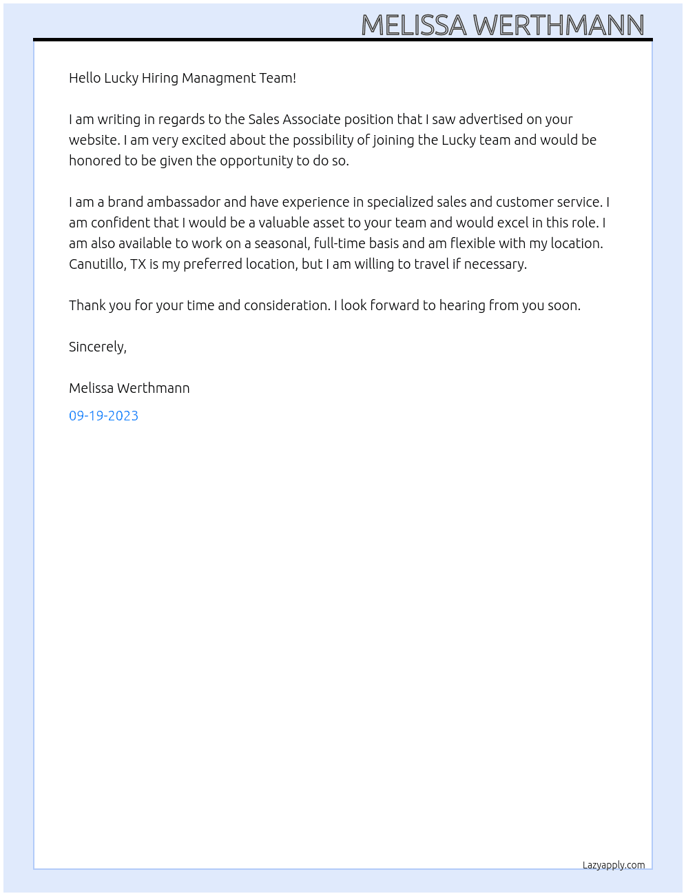 Sales Associate  At Lucky Cover Letter
