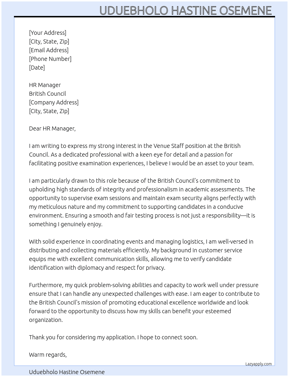 Venue Staff  At British Council  Cover Letter