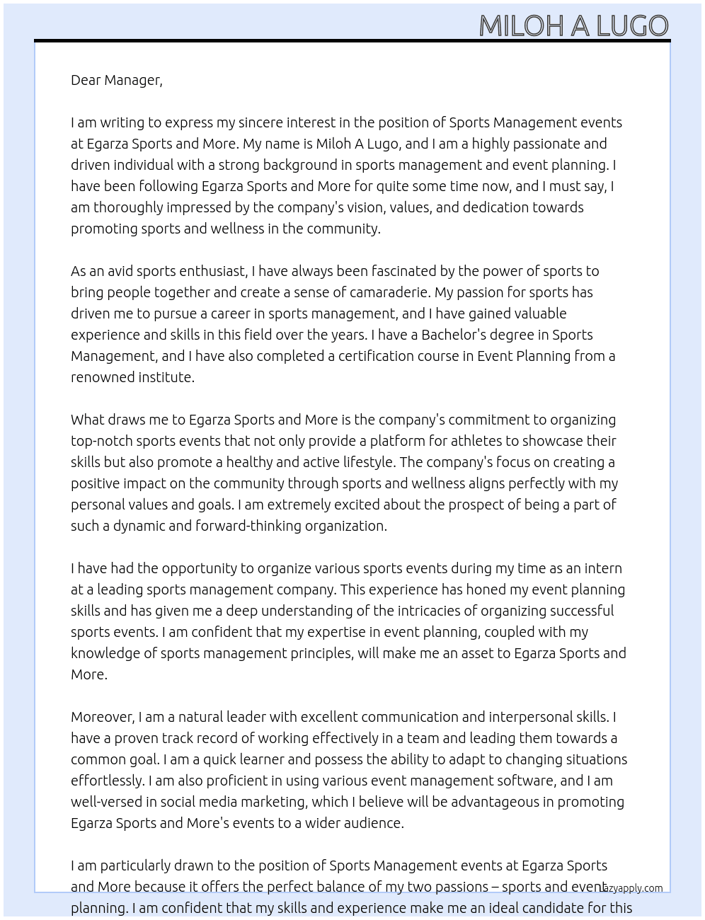 Sports Management events At egarza Sports and More  Cover Letter